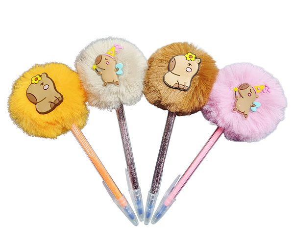 KIT C/12 CANETA GLITTER C/ POMPOM CAPIVARA