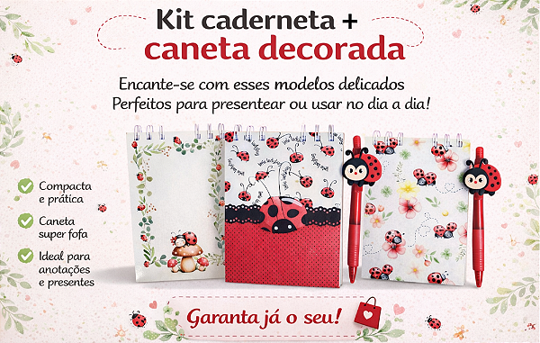 KIT CADERNETA + CANETA DECORADA JOANINHAS