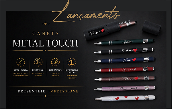 KIT C/ 10 CANETAS METAL TOUCH MENSAGEM TUBO DIPLOMA