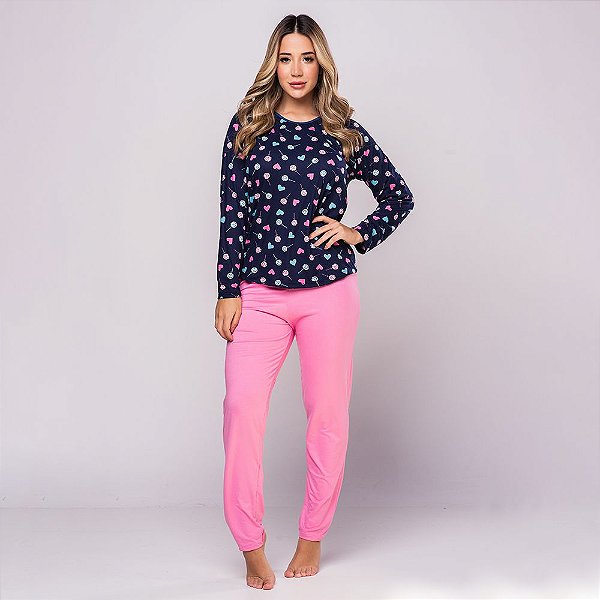 Pijama Suede Longo Rosa e Blue Marine Sweet - Lingerie Eva