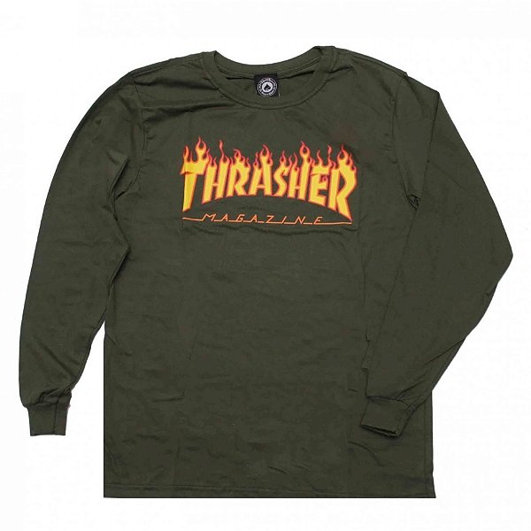 Camiseta Manga Longa Thrasher Flame Logo Verde Militar