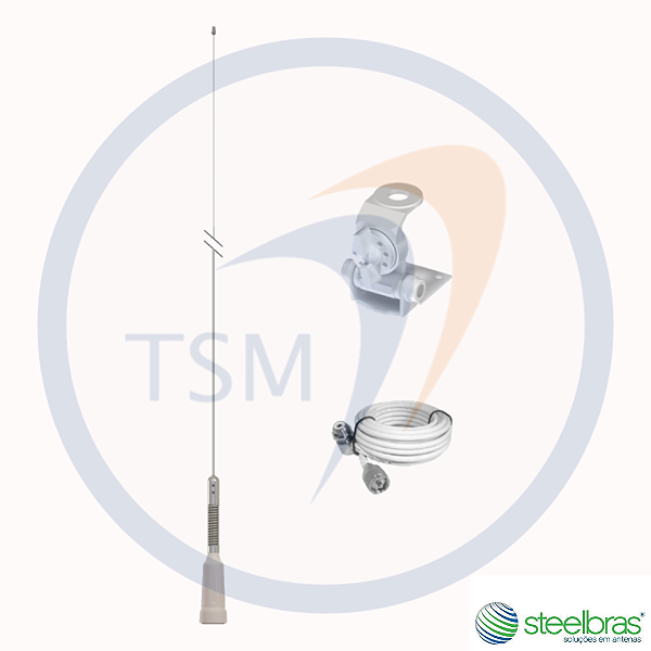 ANTENA MÓVEL VHF 5/8 DE ONDA EVOLUTION MARÍTIMA + SUPORTE BI-ARTICULADO MARÍTIMO + CABO COAXIAL 85% BLINDAGEM COM CONECTOR UHF PARA SUPORTE BI-ARTICULADO MARÍTIMO 5 METROS - RAP27100K