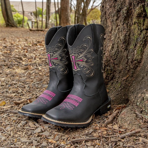 Bota Texana Feminina Country Bico Quadrado Cruz Rosa BK - BNF