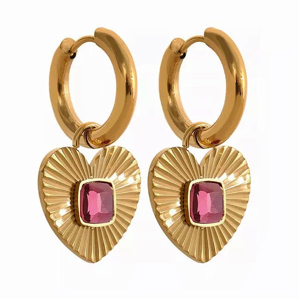 brinco coração Catarina rosa