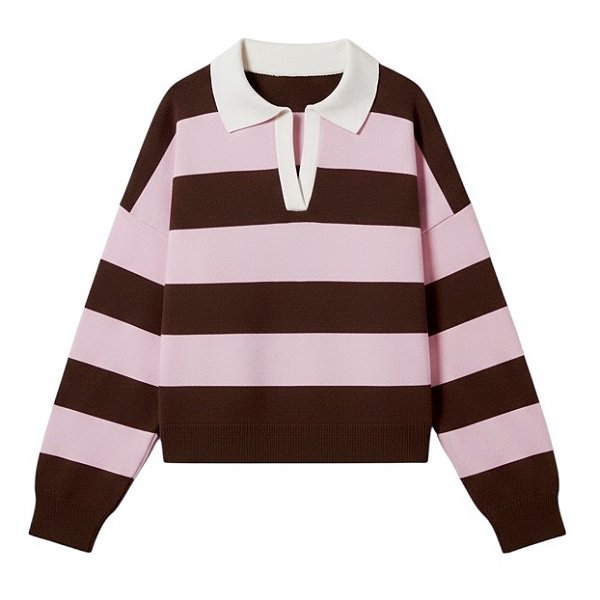 tricot gola polo listras rosa/marrom
