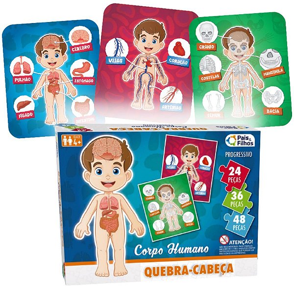 Kit 3 Em 1 Quebra Cabeça Educativo Corpo Humano 24,36,48 Pçs