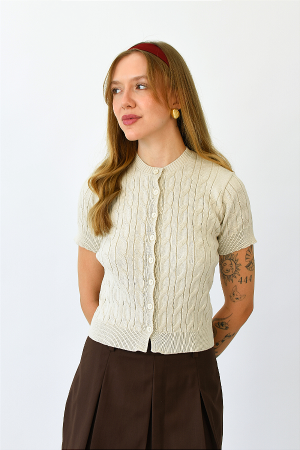 CARDIGAN TRICOT MANGA CURTA AMY BEGE
