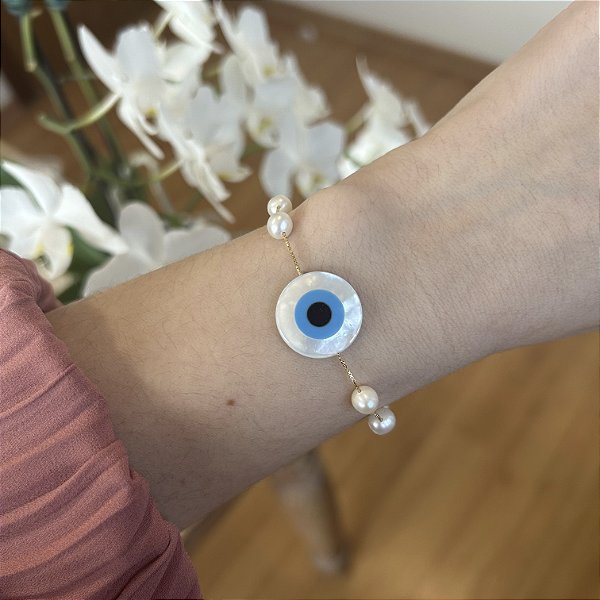 Pulseira olho grego GG e pérolas