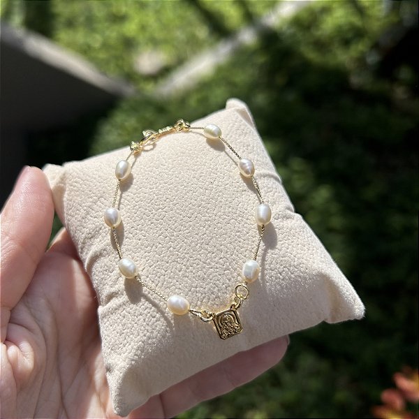 Pulseira escapulário mini pérolas arroz naturais