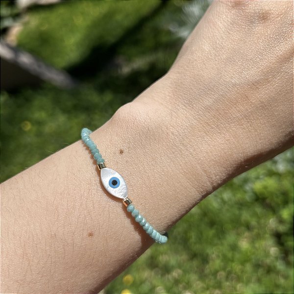 Pulseira silicone cristais turquesa e olho grego