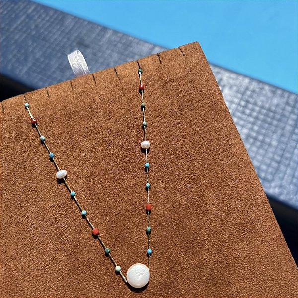 Colar Turquesa, Coral, Pérolas batata e Pérola moeda