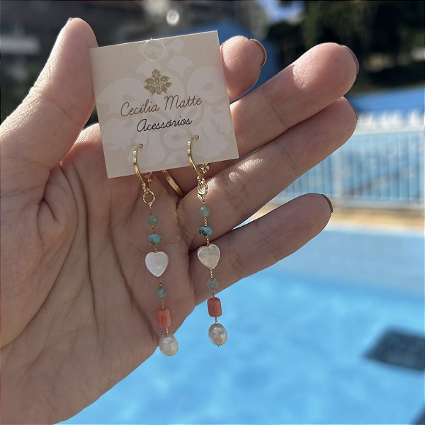 Brinco coração de madrepérola, Turquesa, Amazonita e Coral laranja