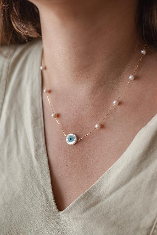 Colar pérolas batata com olho grego G