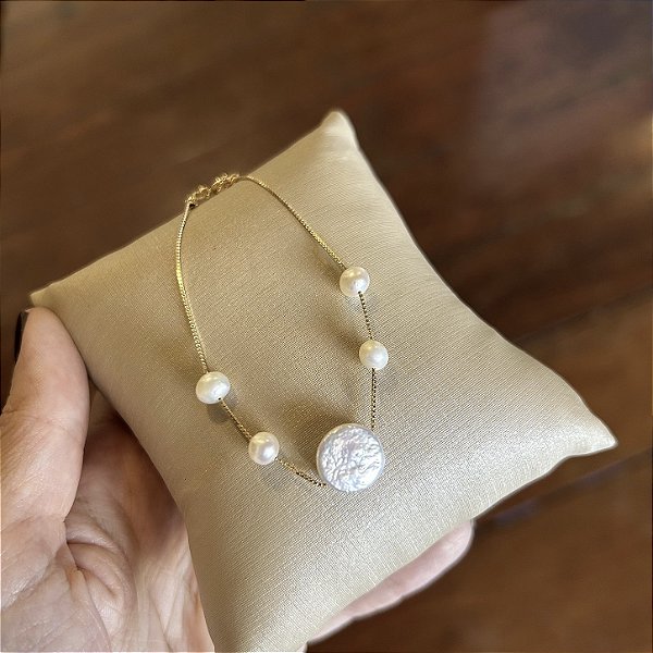 Pulseira pérola moeda e pérolas batata naturais