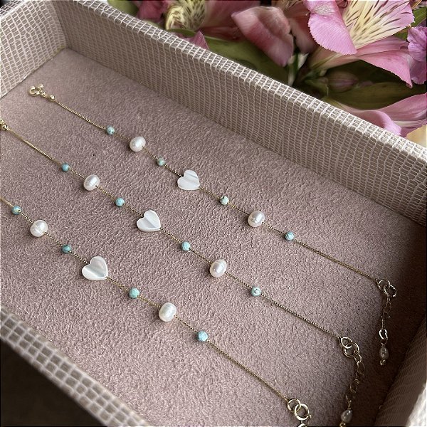 Pulseira coração de madrepérola, Turquesas e pérolas batata