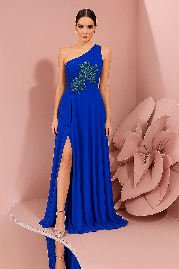 Vestido Longo Festa Bordado Azul Royal   Fleche D'or
