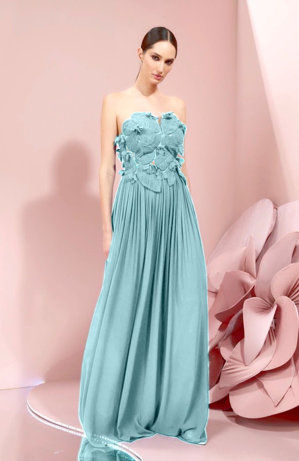 Vestido Longo Festa  Corpo Vazado  aplicações de Flores e Pedras Fleche D'Or