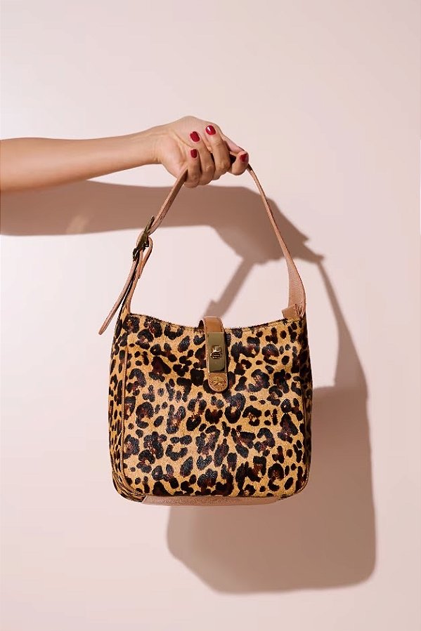 Bolsa Pequena em Couro Onça com Fecho e Alça Regulável Luiza Barcelos