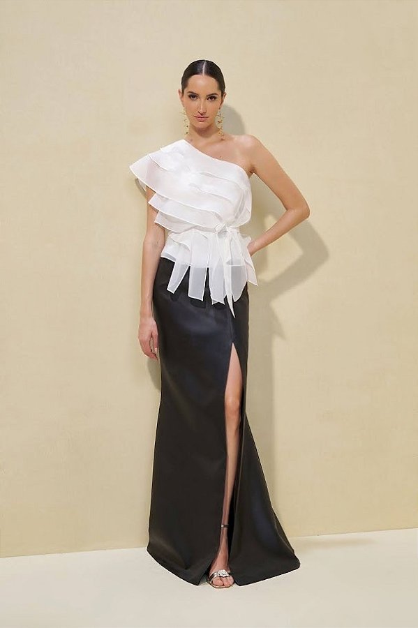Conjunto Top Camadas e Saia Longa Fenda Fleche D'Or