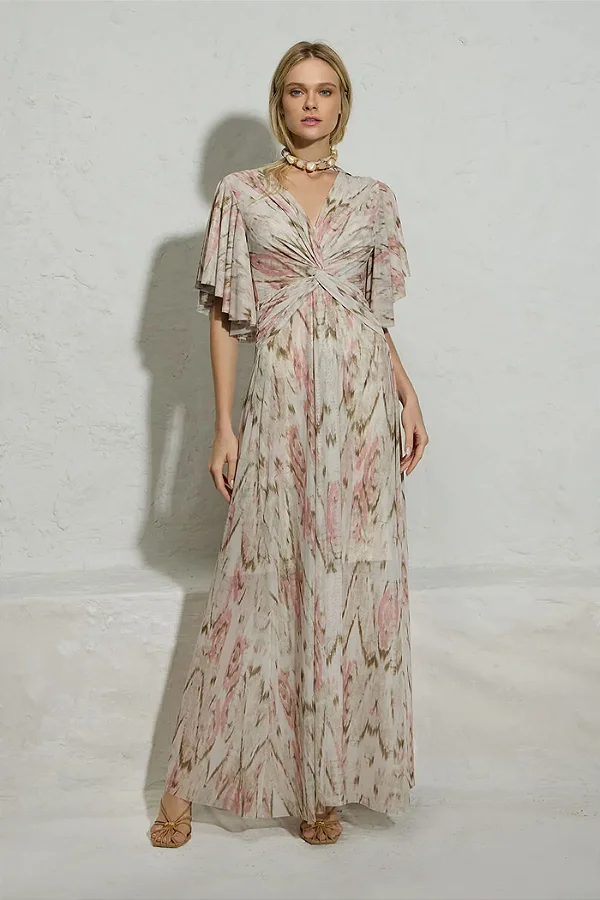 Vestido Longo Nó Manga Curta Thamara Capelão