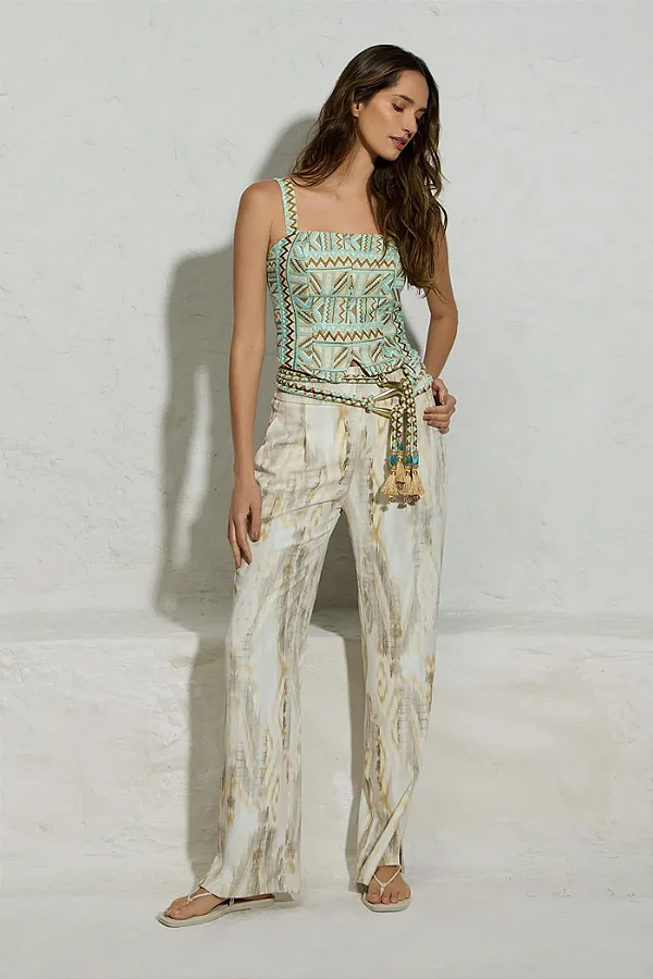 Calça Estampa Ikat Dourado  Thamara Capelão