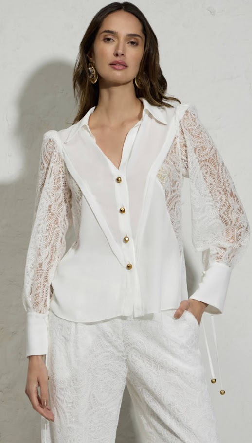 Camisa Branco  Chiffon Detalhes renda Thamara Capelão