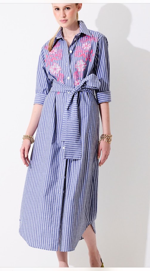 Vestido Chemisier  Plus Size Listrado Bordado Rogério Costa