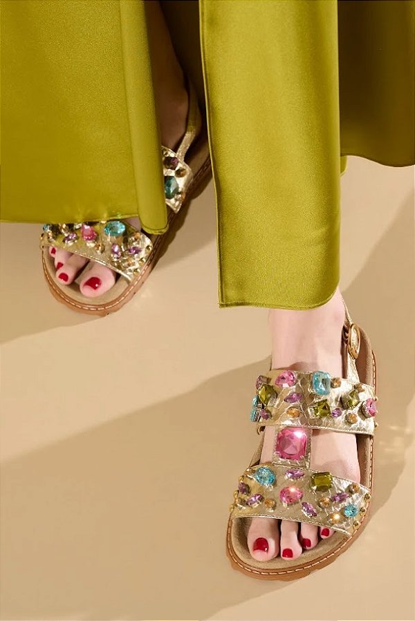 Sandália Papete Couro Cobra Metalizado Pedras Multicor Luiza Barcelos