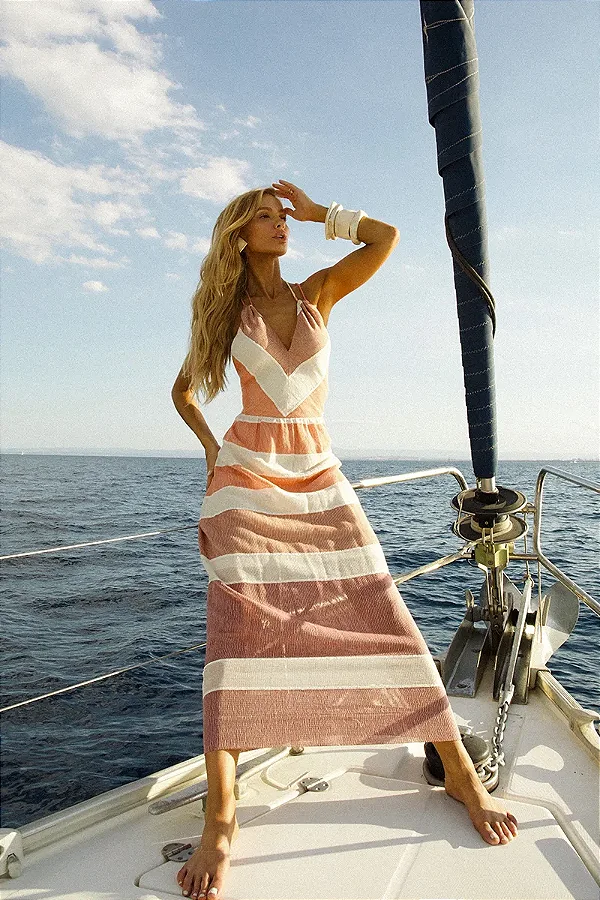 Vestido  midi  Natural Listras  Skunk Brasil