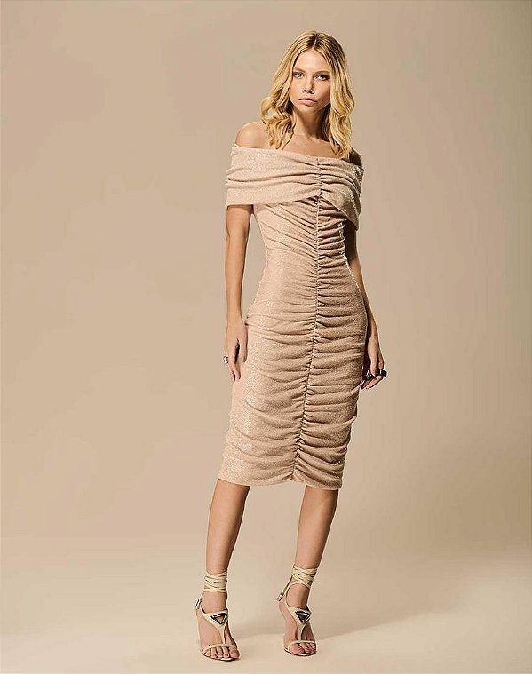 Vestido Midi Ombro a Ombro Pregas Caos Moda