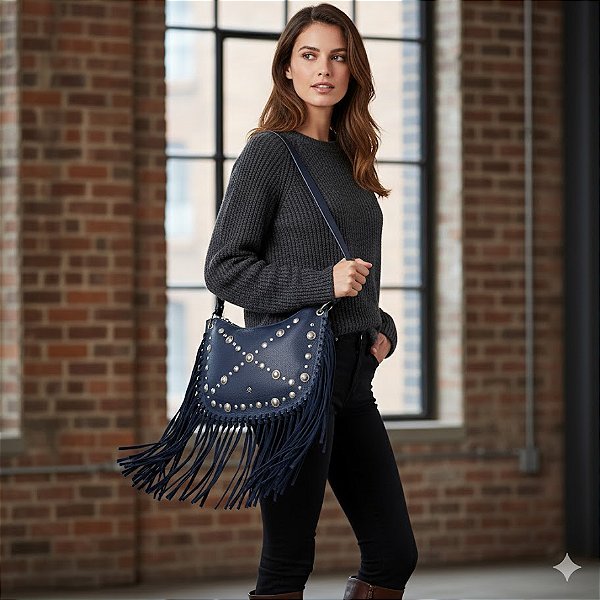 Bolsa Média em Couro com Franjas Aplicações Metálicas Luiza Barcelos