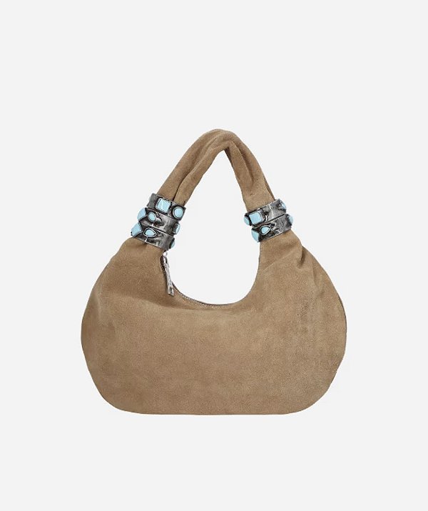 Bolsa Média em Camurça Bege Fendi com Argolas Metálicas e Aplicações Coloridas Luiza Barcelos