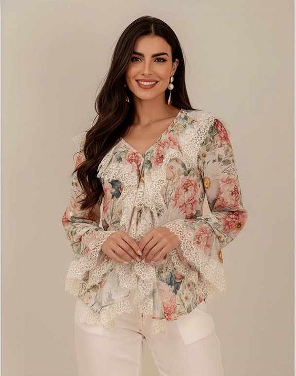 Blusa com Jabour Renda Zione Brand