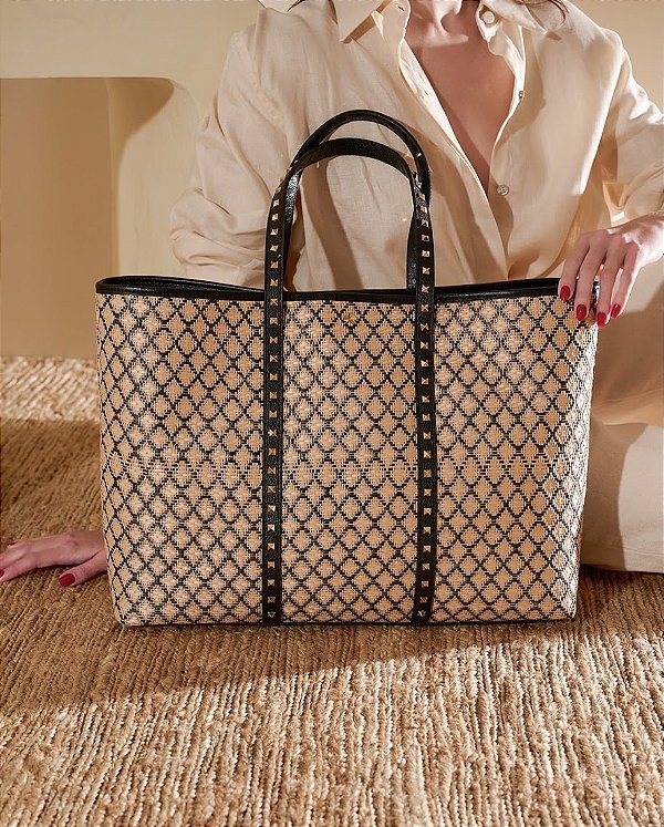 Bolsa Shopping Grande em Couro e Palha Rebites Luiza Barcelos