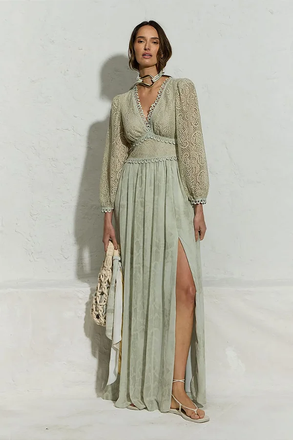 Vestido Manga Longo Festa Com Renda Thamara Capelão