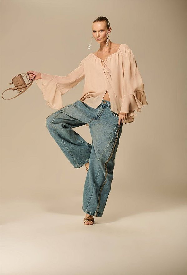 Calça Jeans Barrel Com Costura Caos Moda