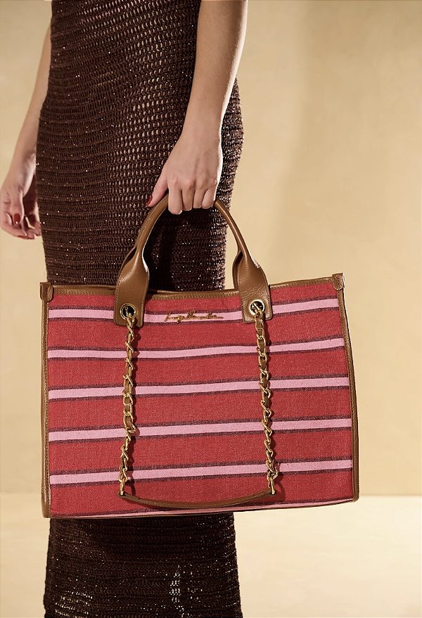 Bolsa Grande com Listras e Alças de Corrente e Couro Luiza Barcelos