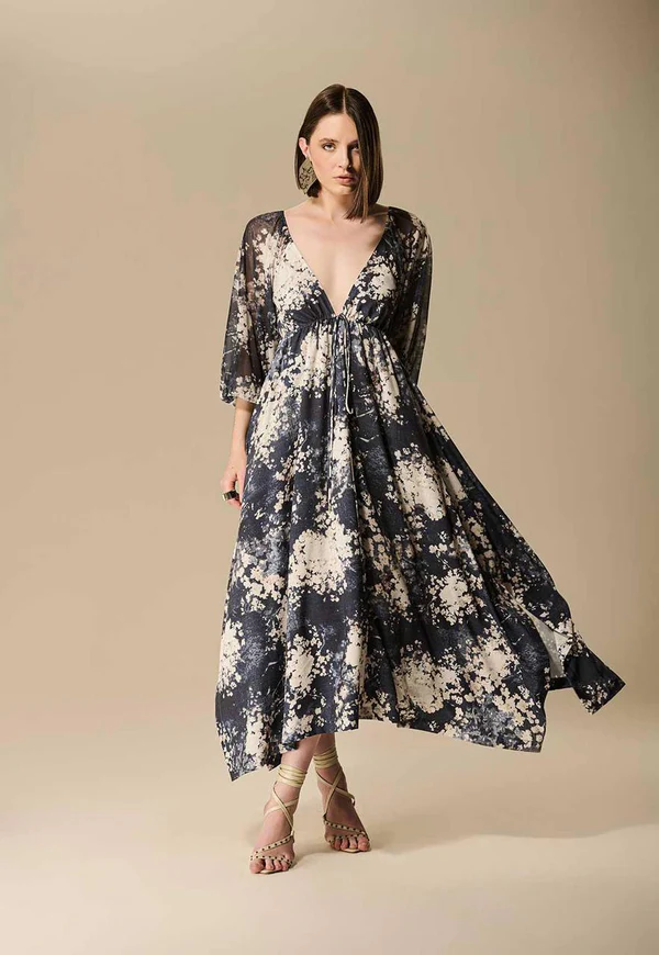 Vestido Tule Manga Estampa Essence Blue Caos