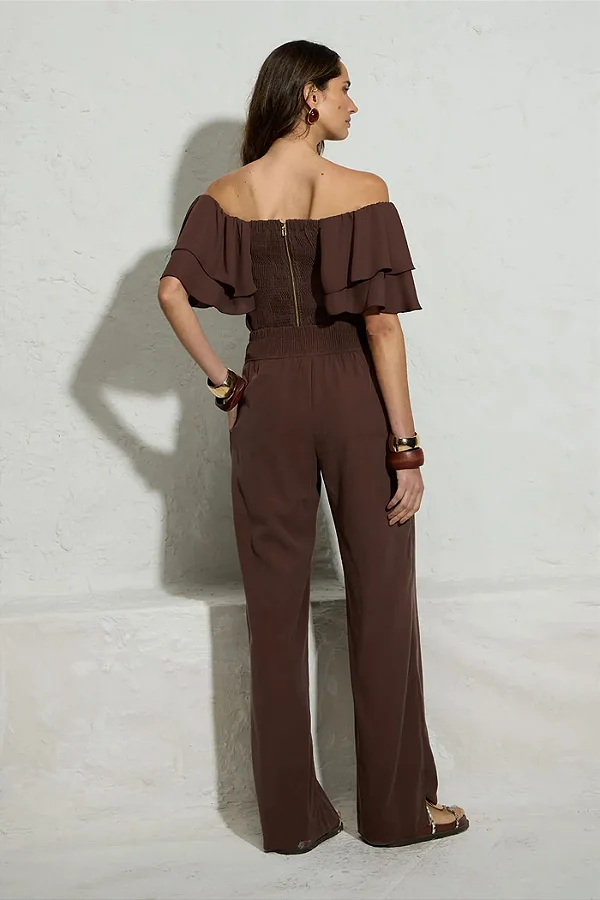 Calça Marrom Botões e Elástico Thamara Capelão