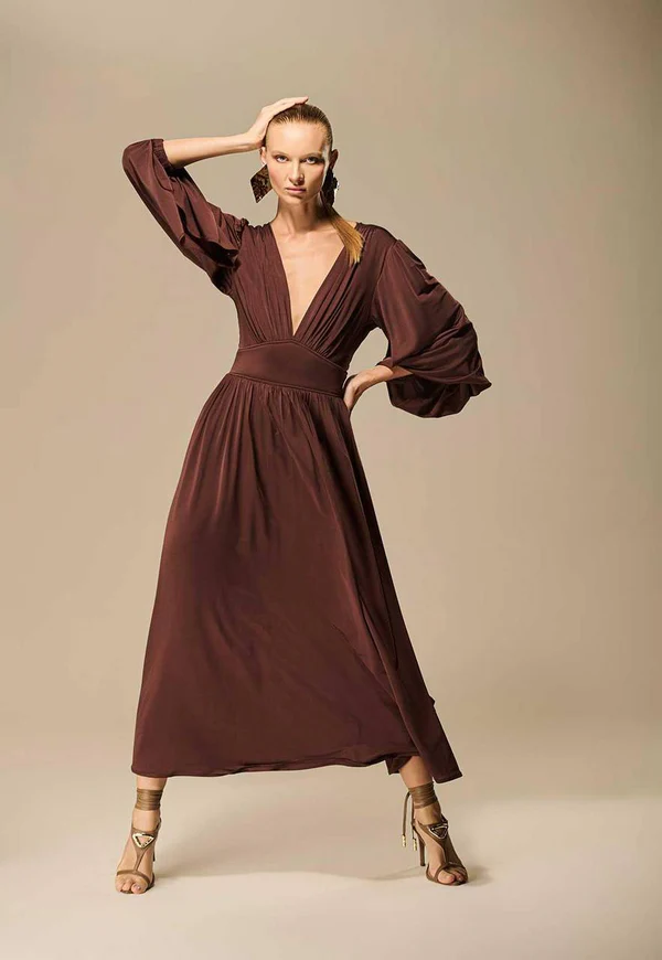 Vestido Midi Decote V Malha Prene Caos Moda