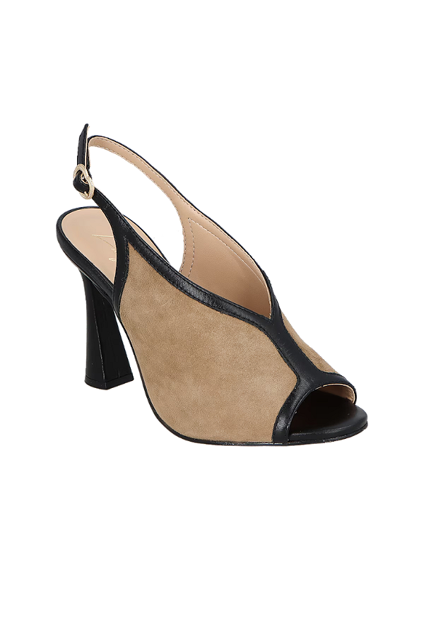 Sandália Peep Toe Salto Alto Flare em Couro e Camurça Luiza Barcelos