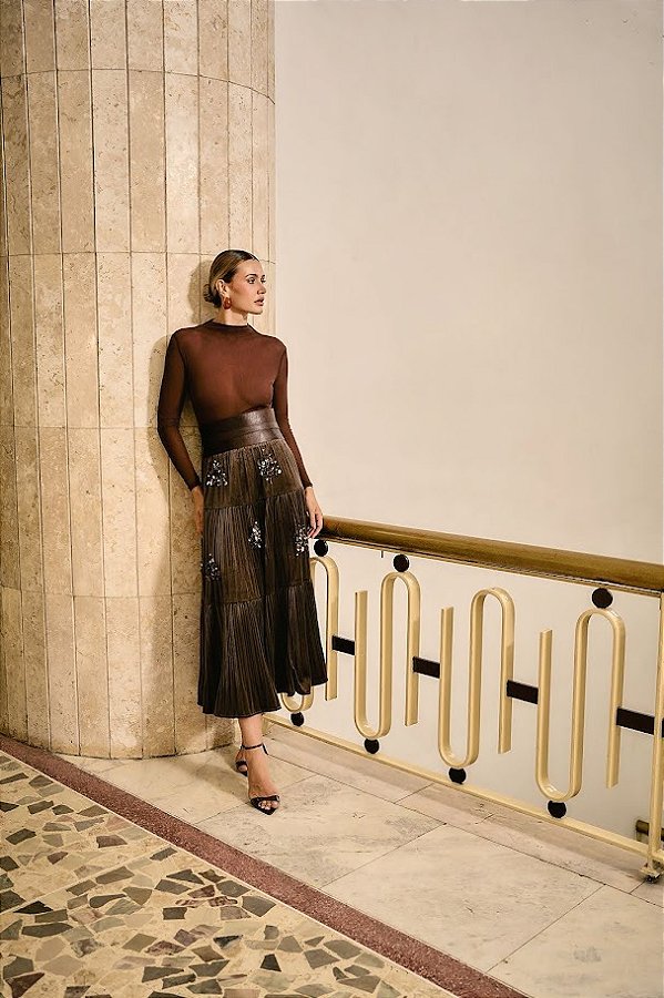 Saia Midi Veludo Bordado Fleche Dór