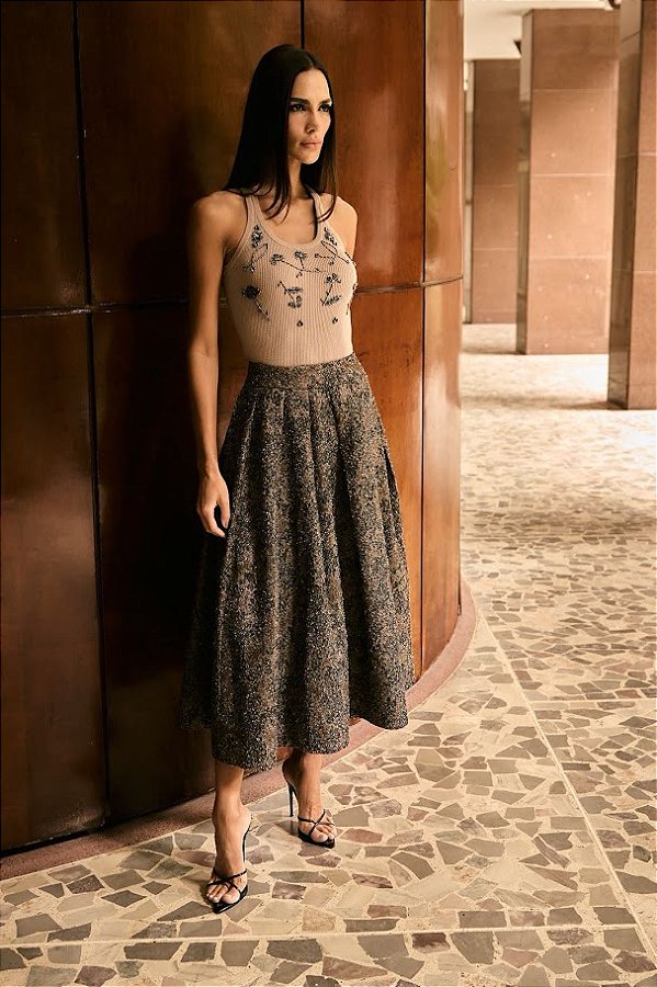 Saia Lady Like Jacquard Grafite com Pregas