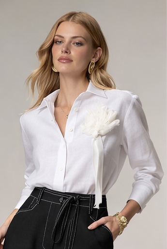 Camisa Feminina 100% Linho com Bordado 619 Oficial