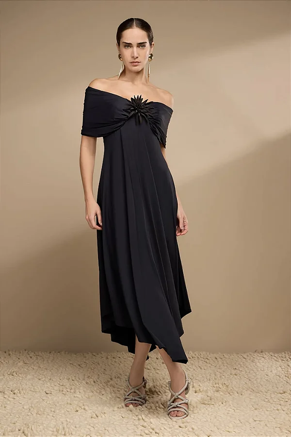 Vestido Midi Malha com Broche Flor Thamara Capelão