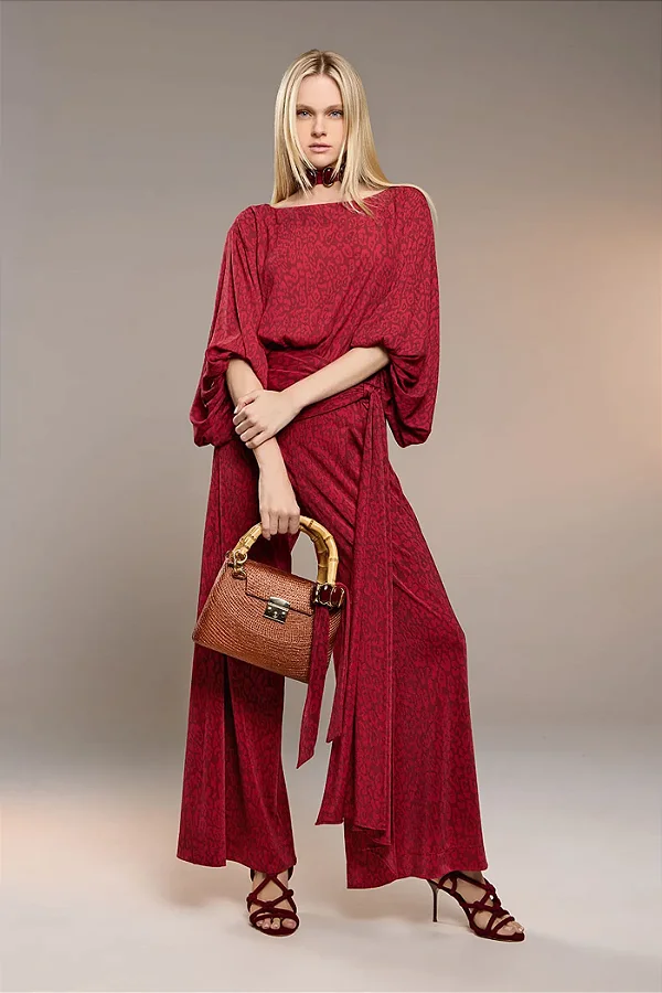 Macacão Malha e Chiffon Onça Vermelho Thamara Capelão