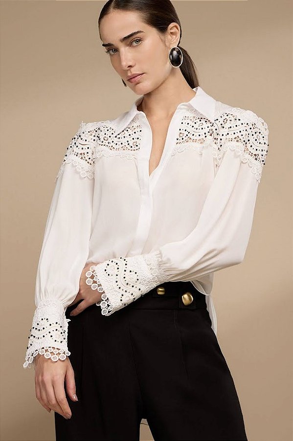Camisa Feminina Chiffon com Renda Bordada Thamara Capelão