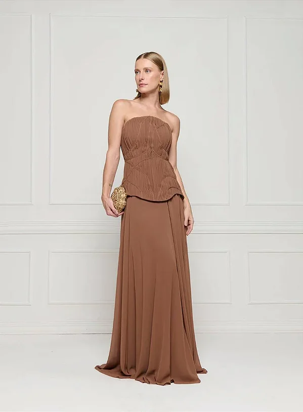 Conjunto Cropped e Saia Longa Festa Marrom