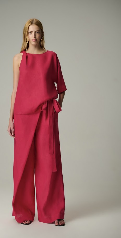 Calça 100% Linho Pantalona Transpassada com Amarração 613 Oficial