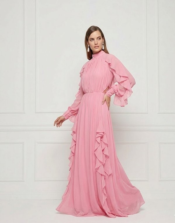 Vestido Longo Festa Plissado com Franzidos Fleche D'or